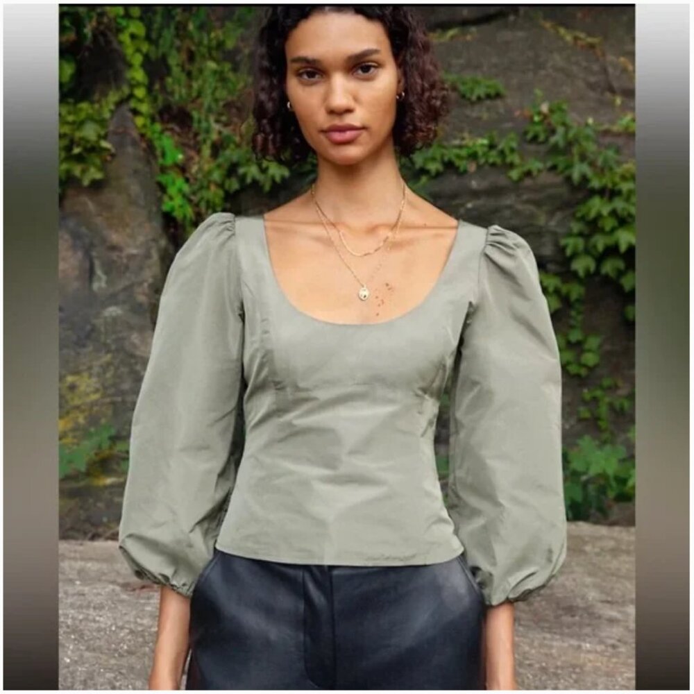 NEW Aritzia Wilfred Serenade Taffeta Puffy Blouse Dry Basil Green Top
